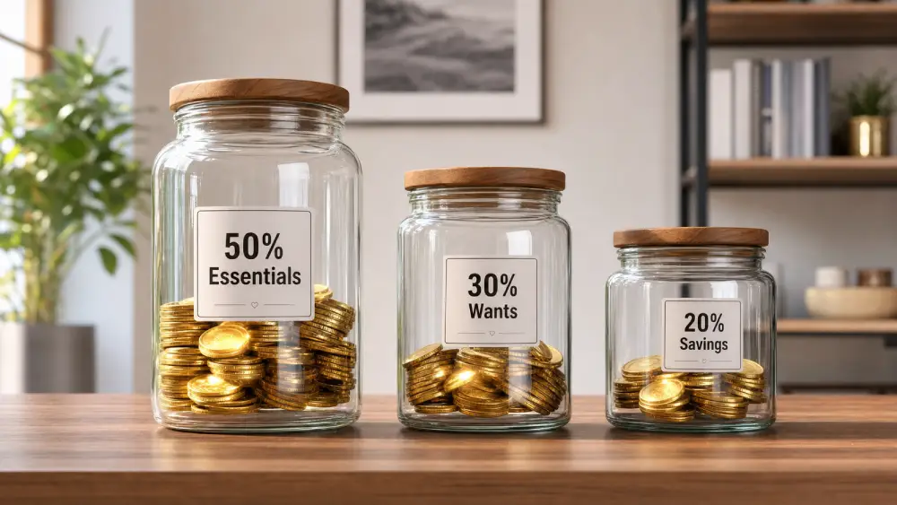 Three glass jars representing the 50 30 20 budget rule breakdown for essentials, wants, and savings.