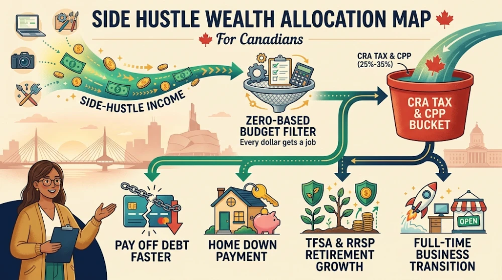 Diagram showing how to align Canadian side hustle income with a zero-based budget