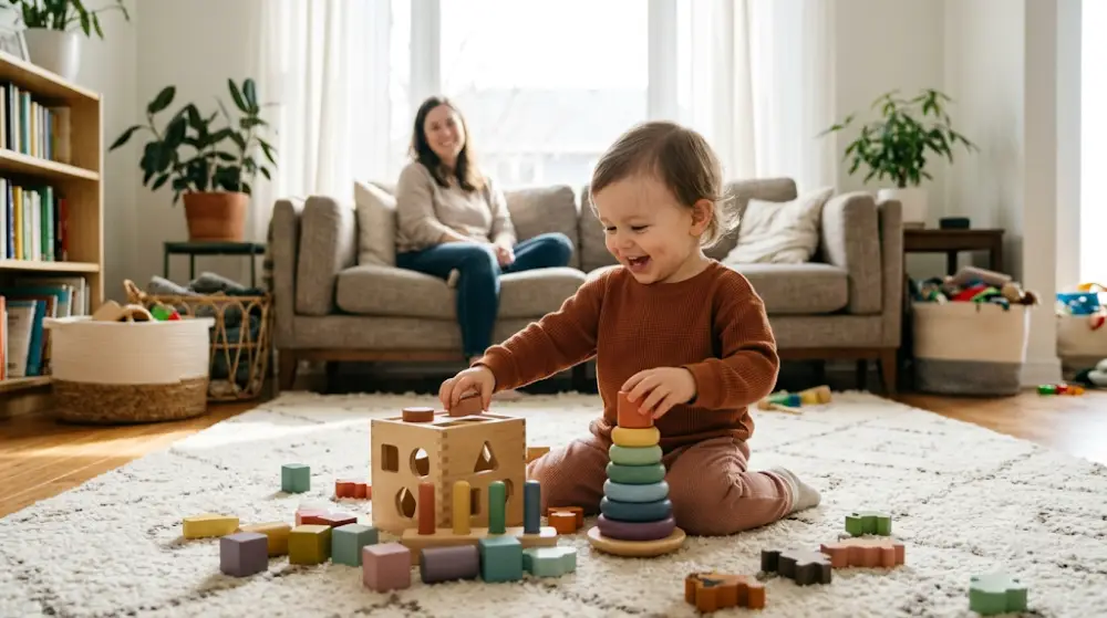 Toddler playing in a modern living room, representing childcare and family expenses.