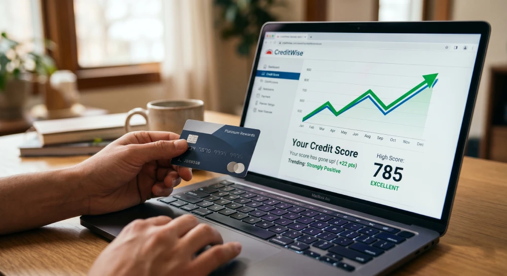 A person checking their growing Canadian credit score online using a laptop