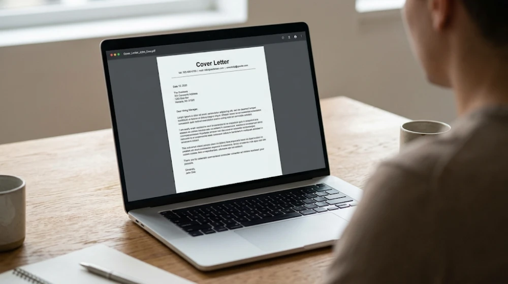 Close up of a perfectly formatted Canadian cover letter saved as a PDF document on a laptop screen