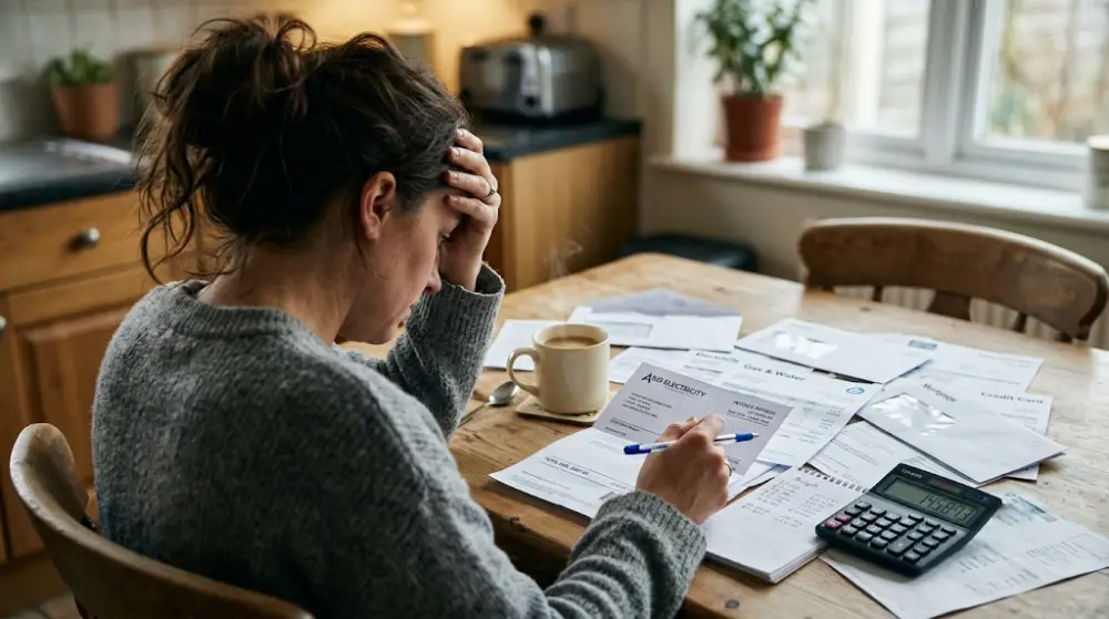Winnipeg financial coach A person feeling stressed while organizing household bills and credit card statements at a kitchen table.