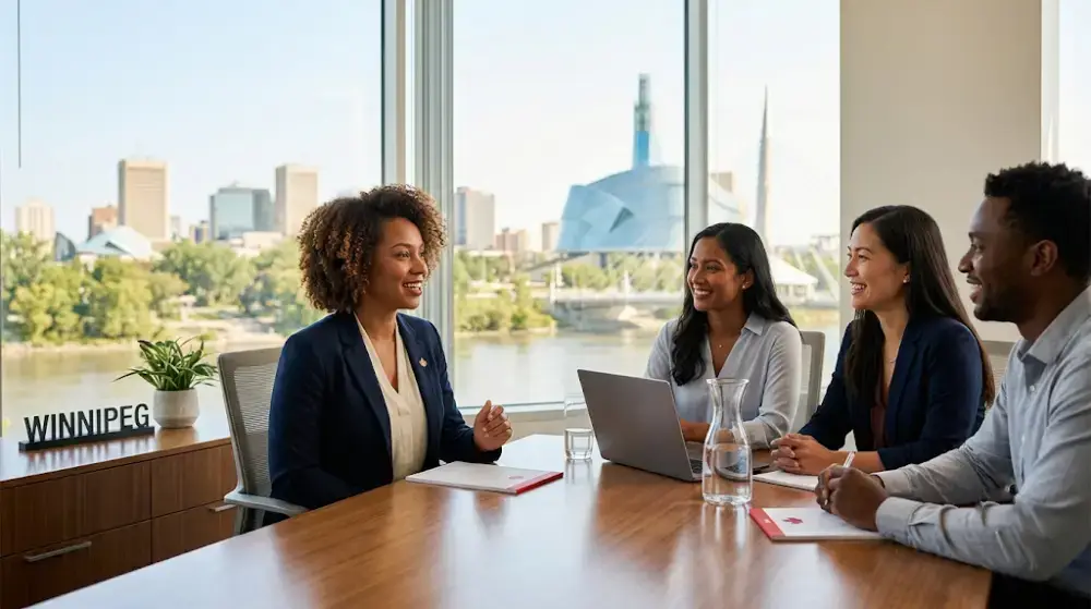 Professional candidate participating confidently in a job interview in Winnipeg Canada.