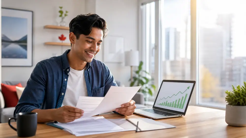 pay off student loans Canada A happy Canadian graduate successfully managing their student loan repayment strategy using a laptop.