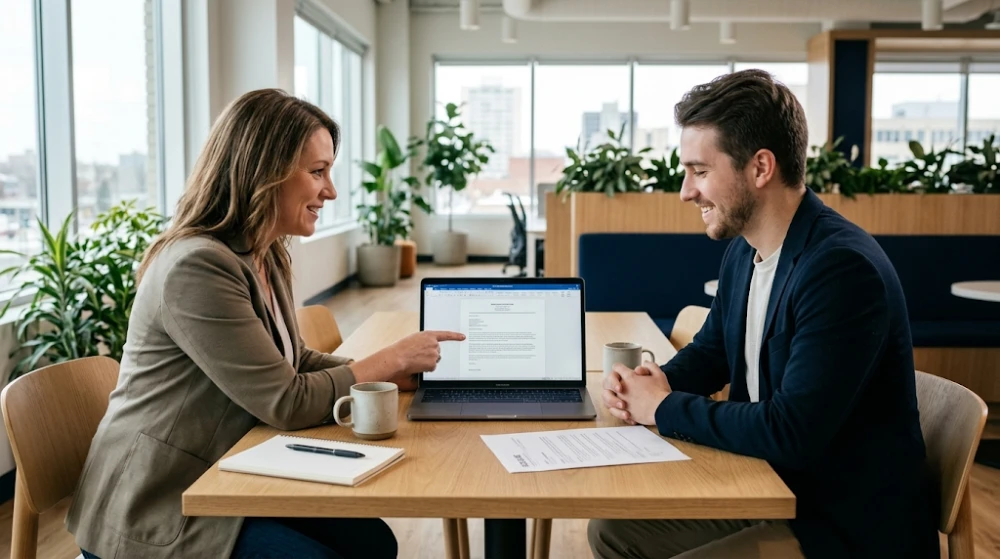 A career coach and a client happily reviewing a tailored cover letter together on a laptop in a bright Winnipeg office