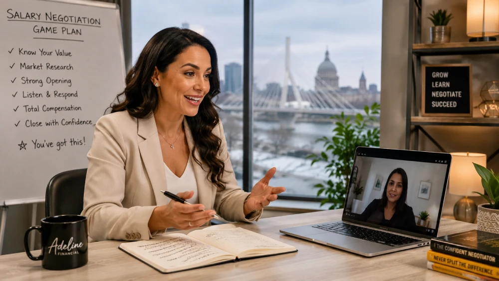 negotiate job offer Canada A career coach at Adeline Financial helping a client practice salary negotiation scripts to build confidence.