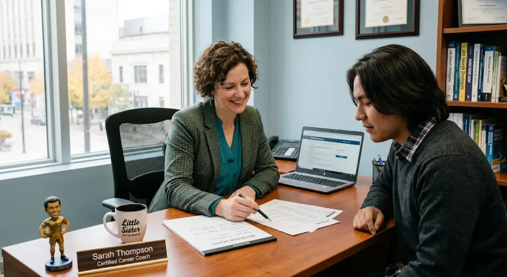 Career coach conducting a mock interview session with a client at Adeline Financial and Career Coaching.