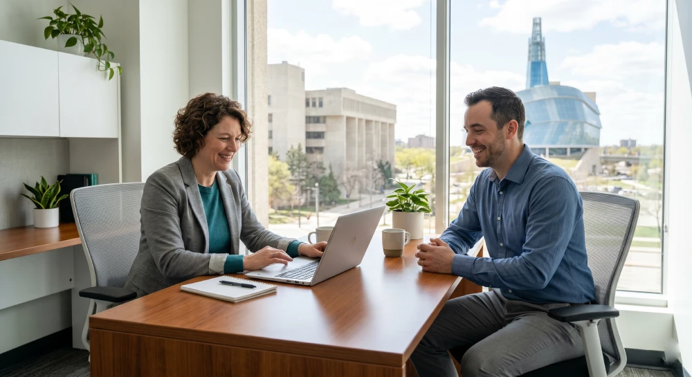 LinkedIn for jobs in Canada A career coach at Adeline Financial helping a client improve their LinkedIn profile for better job opportunities
