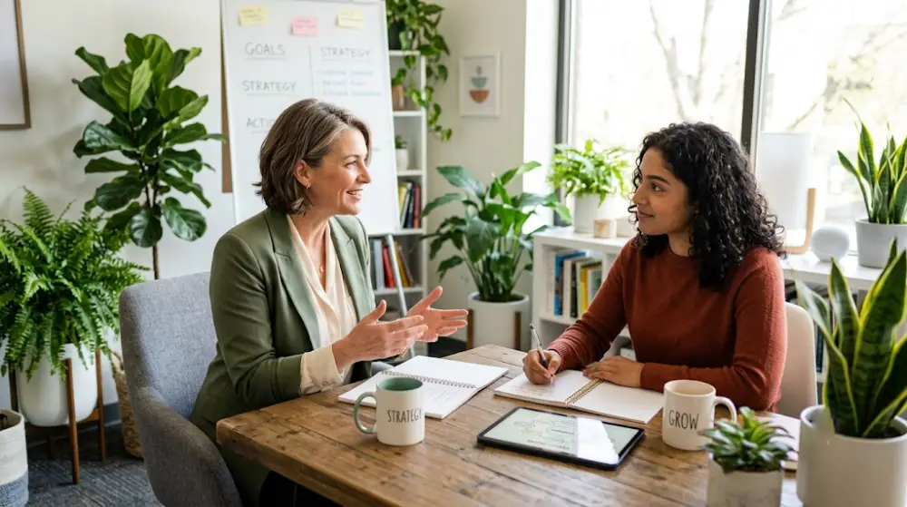 A professional career coach in Winnipeg helping a client navigate burnout recovery.
