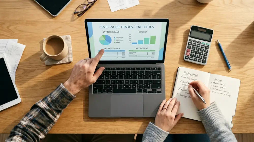 A couple reviewing their complete family financial picture on a laptop.