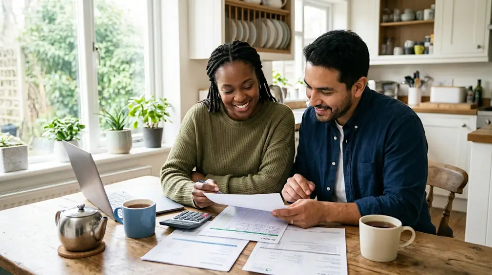 financial advisor for women Canada A couple having a healthy and positive money conversation at their kitchen table.