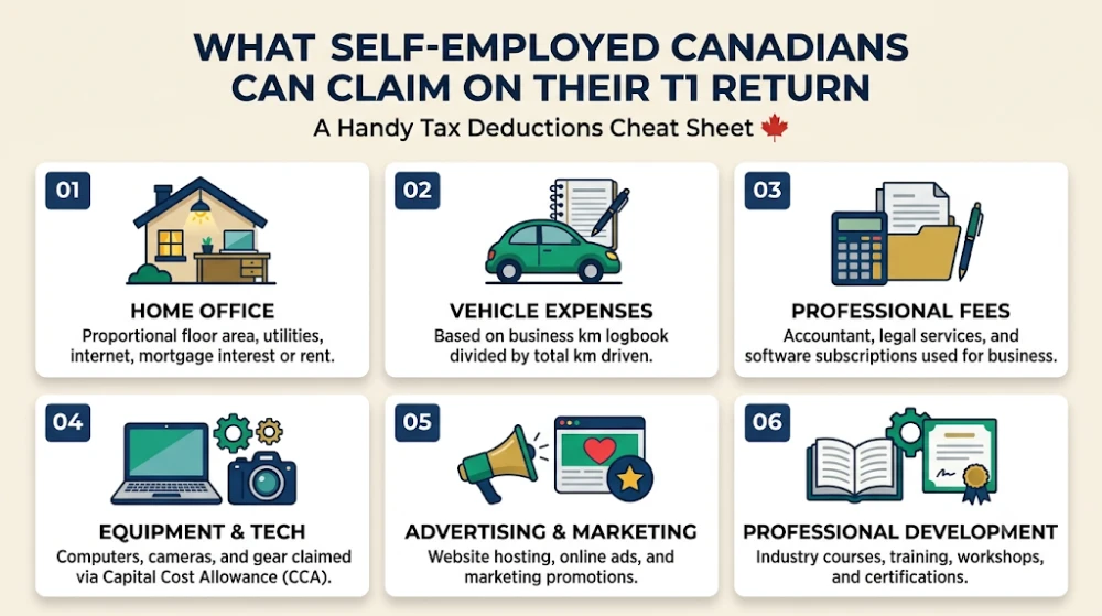 Visual cheat sheet of CRA deductible business expenses for self-employed Canadians