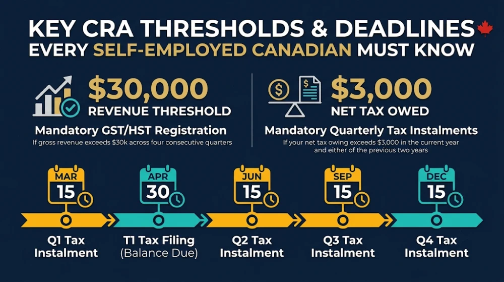 Infographic showing CRA $30,000 GST/HST registration threshold and quarterly tax instalment due dates