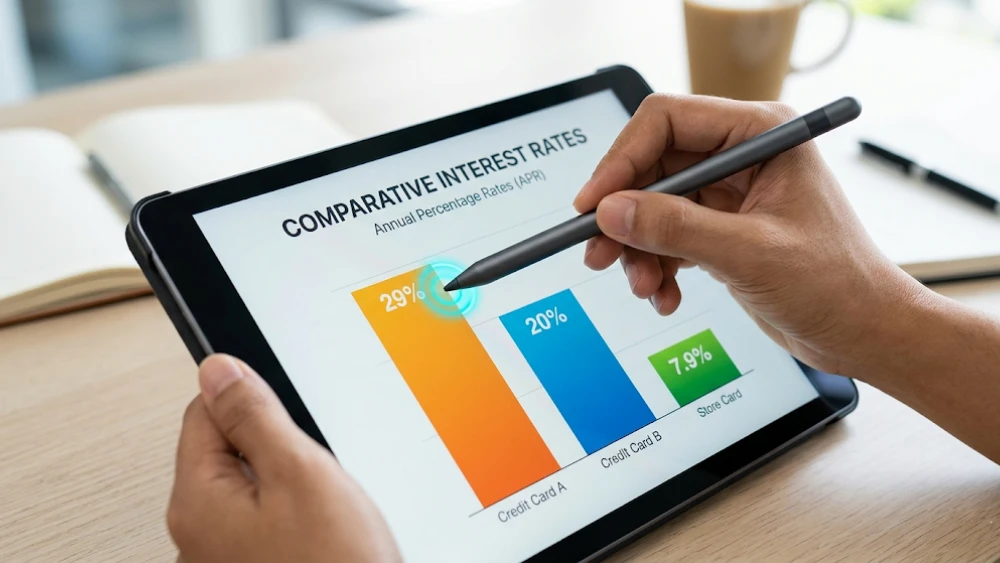 An individual using a tablet to target high-interest credit card debt using the debt avalanche method.