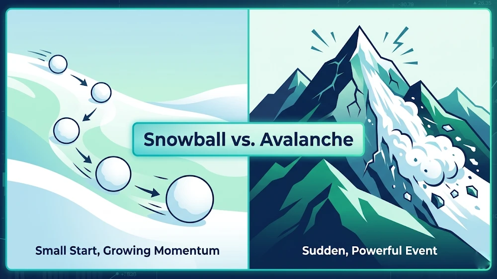 A visual comparison of the debt snowball method and the debt avalanche method for paying off consumer debt in Canada.