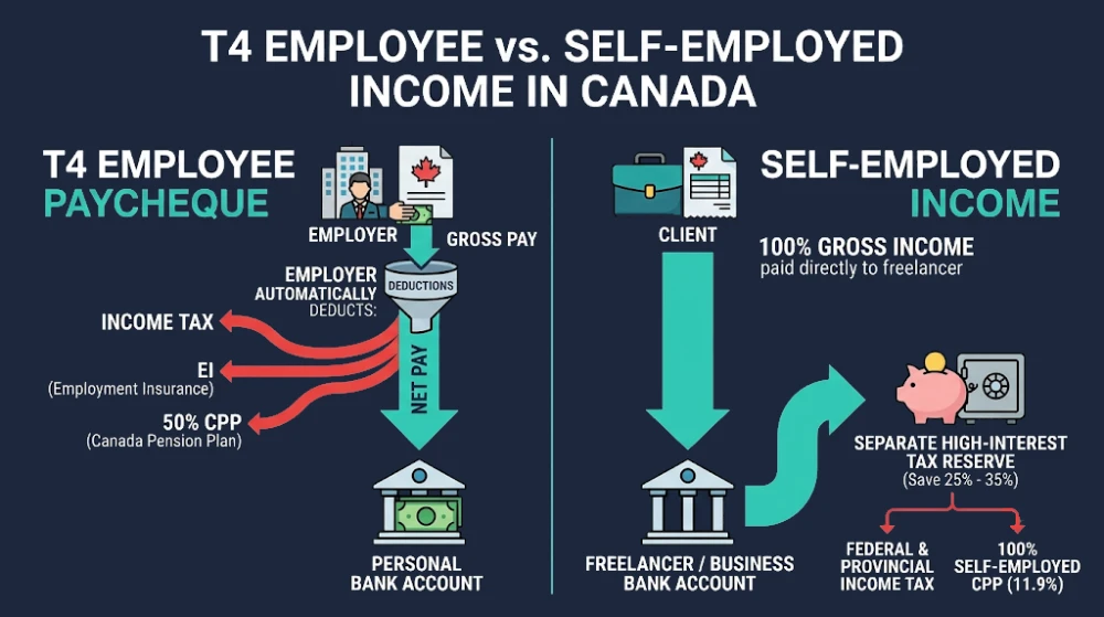 Infographic comparing T4 employee source deductions versus Canadian self-employed gross income