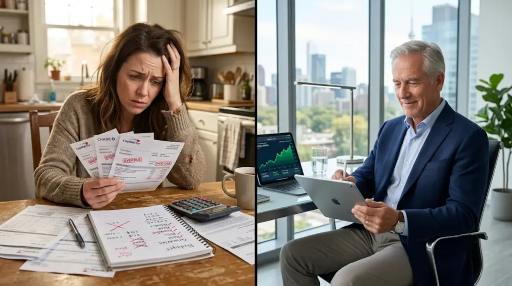 financial coach vs financial advisor Canada A visual comparison of a financial coach helping with daily budgeting versus a financial advisor managing wealth portfolios.