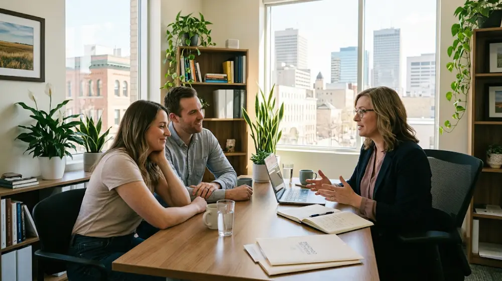 A financial coach in Winnipeg helping a family build a successful budget.