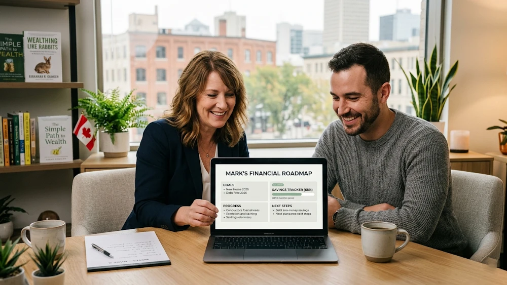 A financial coach at Adeline Financial helping a client create a customized debt payoff strategy in Winnipeg.