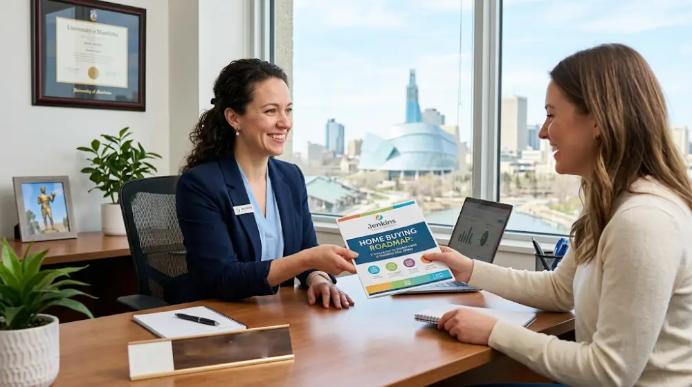 A financial coach in Winnipeg helping a client prepare their finances for a first home purchase.