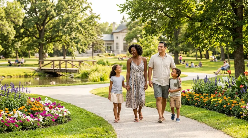 financial planning Winnipeg A happy, debt-free family enjoying a walk together in a Winnipeg park, representing the ultimate goal of financial coaching.
