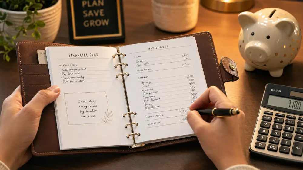 Hands writing in a financial planner to calculate emergency funds and savings goals.