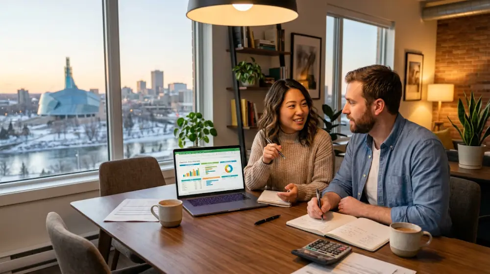 first time home buyer Canada A young couple calculating their financial readiness to buy a first home in Canada with a financial coach's guidelines.