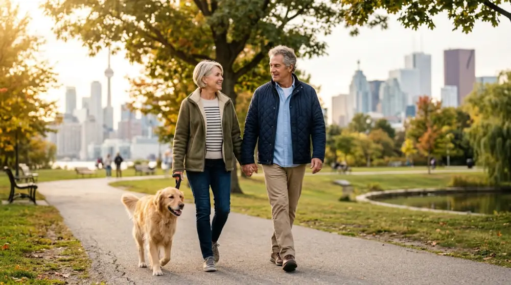 retirement planning Canada A happy senior couple enjoying a stress-free retirement walk in a Canadian park, representing successful retirement planning.
