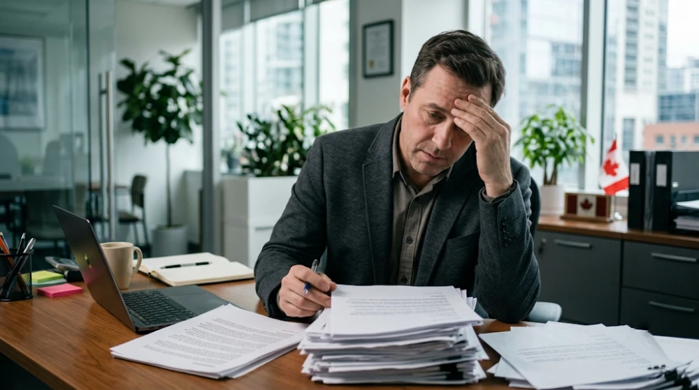 A hiring manager in a Canadian office looking frustrated while skimming a stack of generic, poorly formatted cover letters