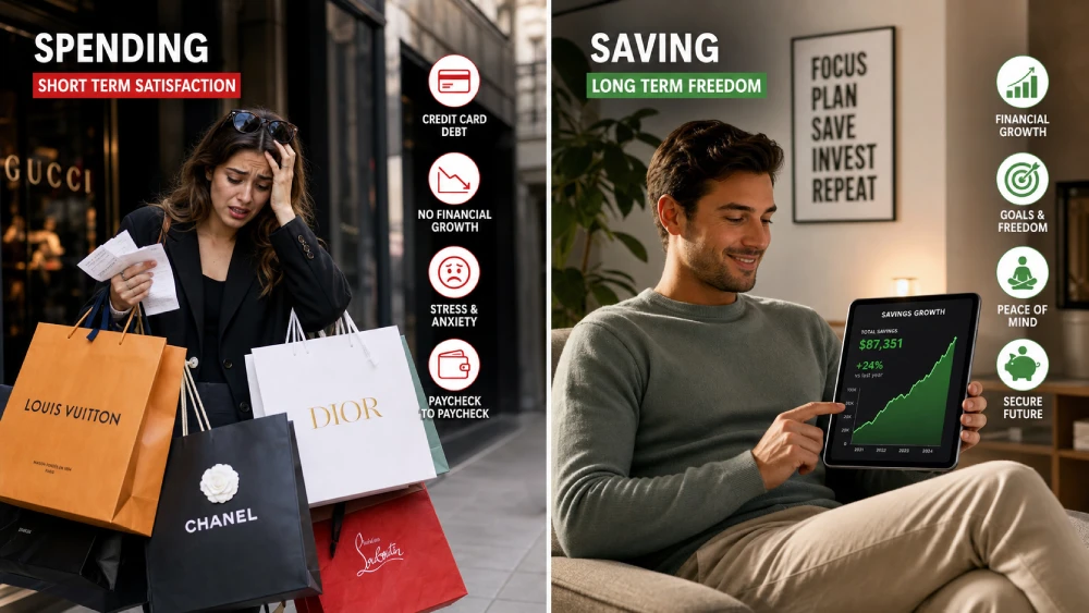 money mindset coaching A visual comparison between the stress of lifestyle inflation and the peace of mind that comes with intentional saving and financial stability.