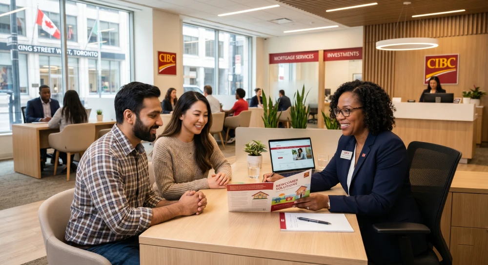 Newcomers to Canada receiving banking advice and setting up their first bank accounts