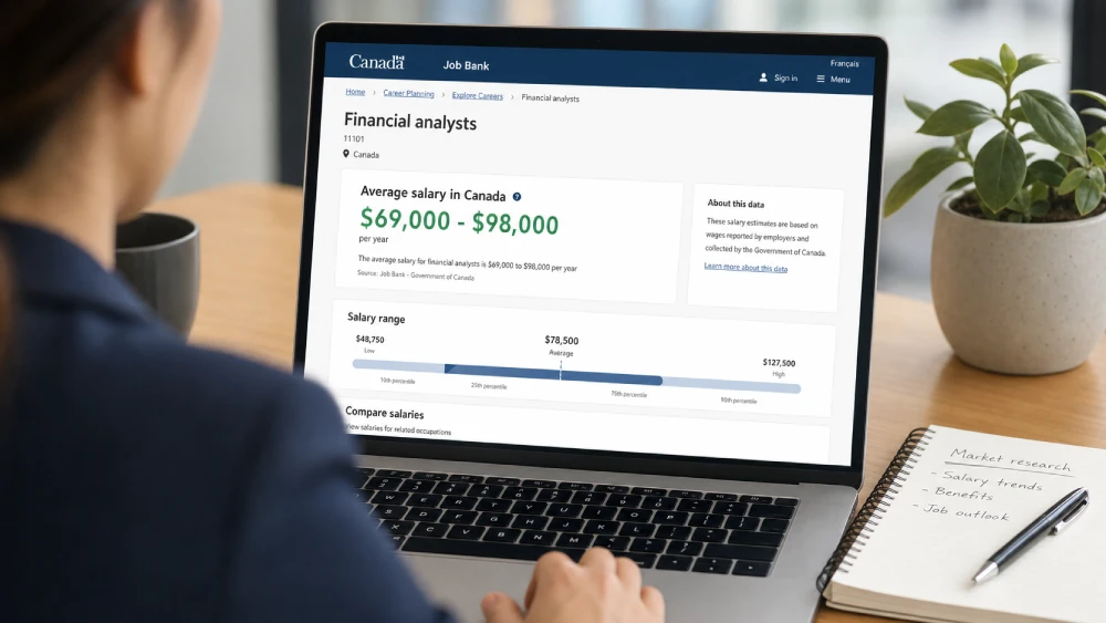 how to negotiate salary Canada A job seeker researching local Canadian salary data and market rates to prepare for a negotiation.