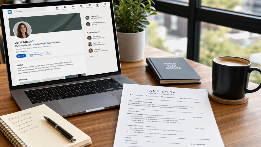 find a job in Winnipeg 2026 Professional resume and LinkedIn profile optimization setup on a desk for Winnipeg job applications.