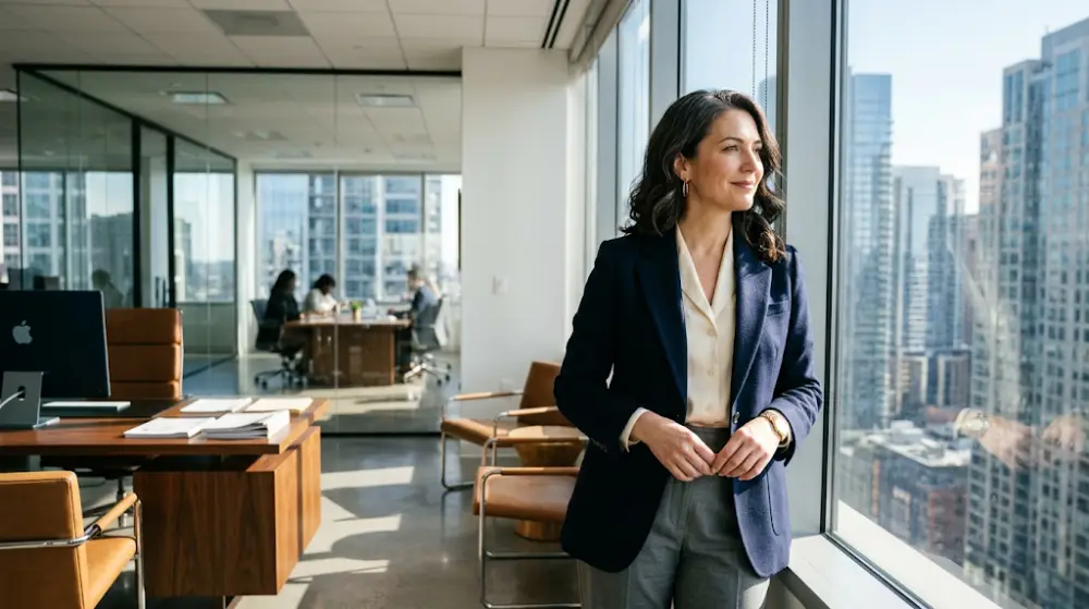 Canadian women investing A confident woman in her 40s planning for wealth building and retirement.