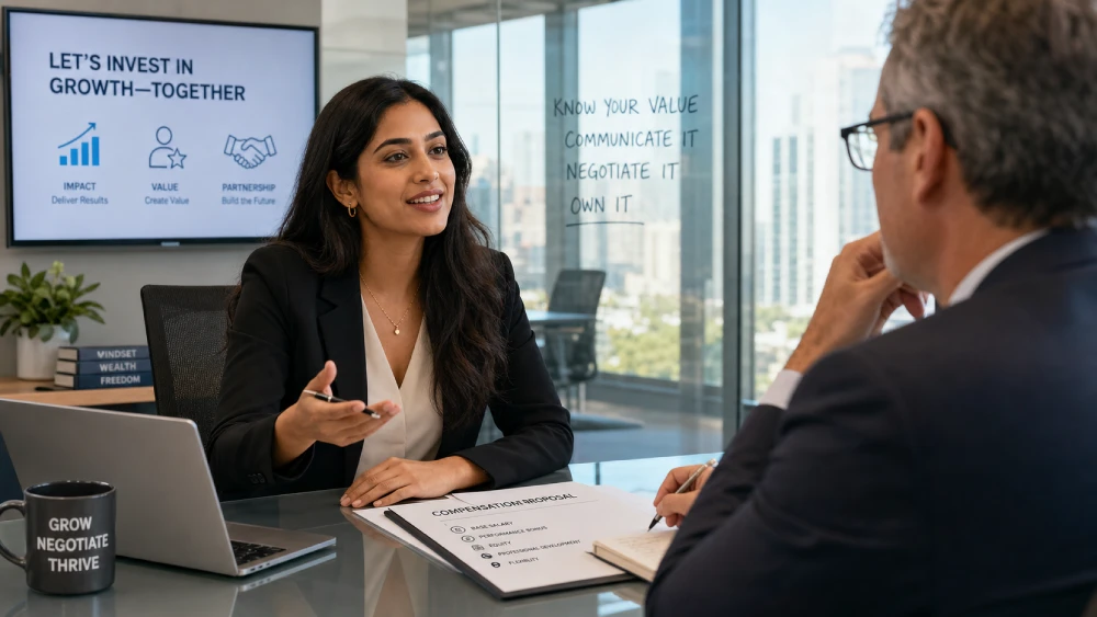 personal finance Canada A confident professional negotiating their salary, demonstrating the link between a healthy money mindset and career success.