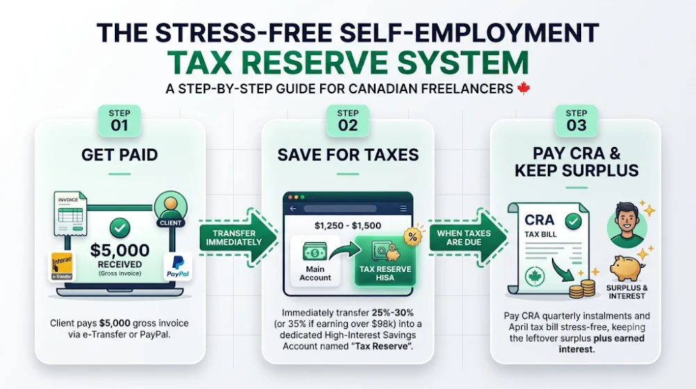 Step-by-step flowchart showing how self-employed Canadians save 25 to 30 percent of net income