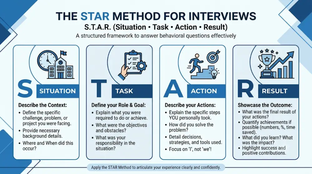 Infographic explaining the STAR method formula for answering behavioral job interview questions.