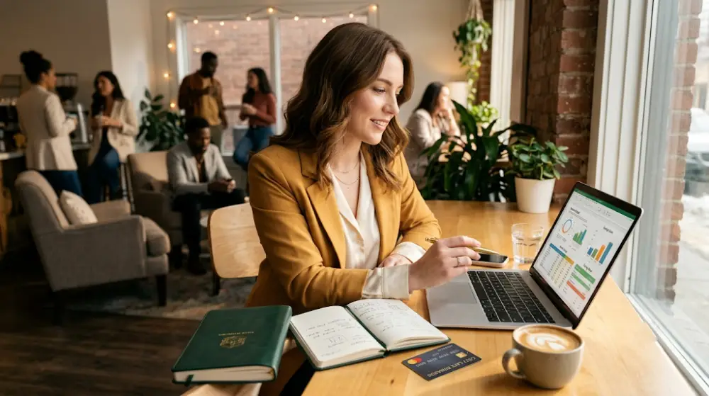 women financial planning Canada A young woman confidently reviewing her financial and TFSA savings goals on her laptop.