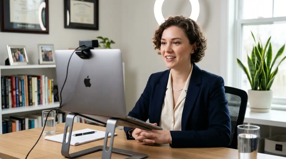 Ideal virtual job interview setup with laptop camera at eye level and proper front lighting.