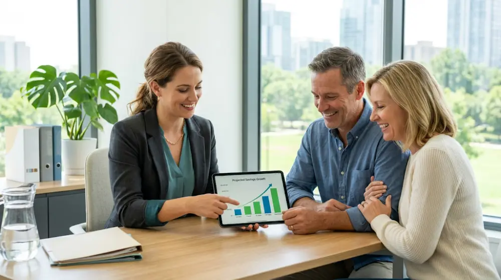 financial coach Winnipeg A Winnipeg financial coach discussing a personalized debt repayment plan with a smiling couple at Adeline Financial.