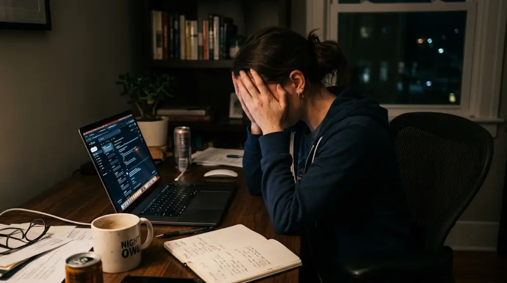 A Canadian professional experiencing severe burnout and exhaustion at a desk.
