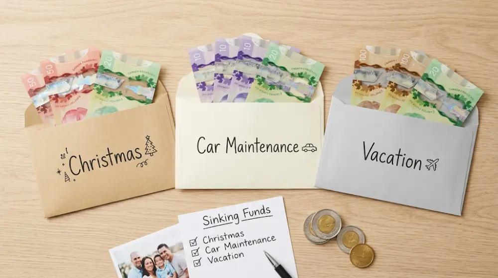 Sinking funds and categorized savings for predictable irregular family expenses.
