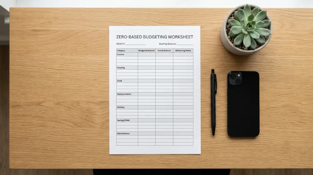 debt coach Winnipeg A flat-lay view of a zero-based budgeting worksheet and pen used during financial coaching sessions.
